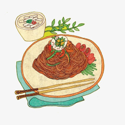 奶油蘑菇汤番茄炒面手绘画片高清图片