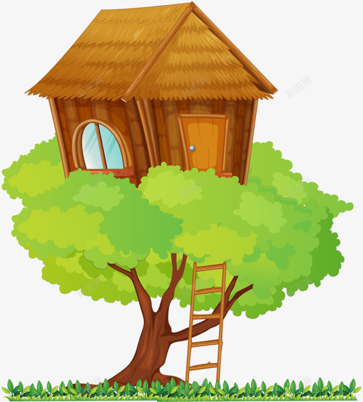 树上的房子png免抠素材_新图网 https://ixintu.com 大树 房子 手绘 绿色