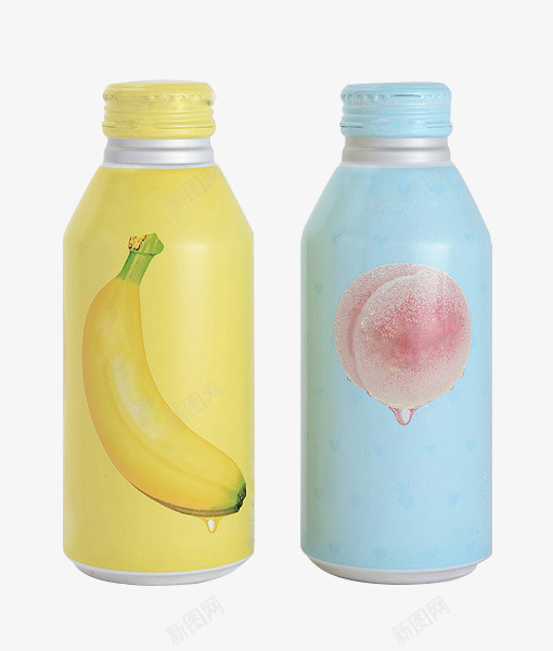 香蕉和水蜜桃饮品png免抠素材_新图网 https://ixintu.com 产品外包装 可爱 果冻色 瓶子 粉色 蓝色 饮品 黄色