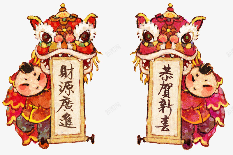 传统春节插画psd免抠素材_新图网 https://ixintu.com 中国春节 喜庆 民俗风俗 舞狮