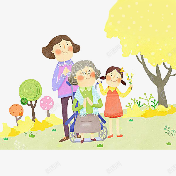 看风景的一家png免抠素材_新图网 https://ixintu.com 卡通 可爱的 大树 小女孩 母亲老了 温馨的 简笔手绘 轮椅
