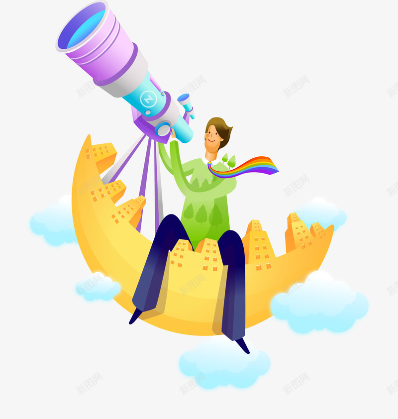 拿着望远镜的男人png免抠素材_新图网 https://ixintu.com 创意月船 卡通小船 卡通望远镜 天文望远镜 望远镜 矢量小船 矢量男人 矢量素材 紫色望远镜