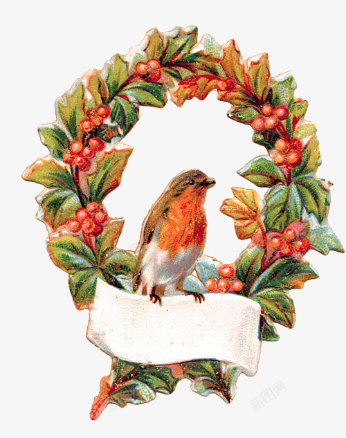 圣诞花环和鸟png免抠素材_新图网 https://ixintu.com 圣诞节 圣诞花环 手绘 鸟