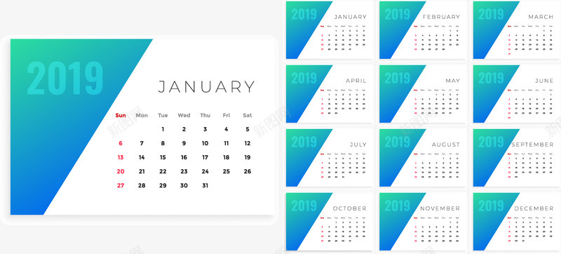 蓝绿色2019台历矢量图eps免抠素材_新图网 https://ixintu.com 2019台历 插画 日历 蓝绿色 装饰 设计 矢量图