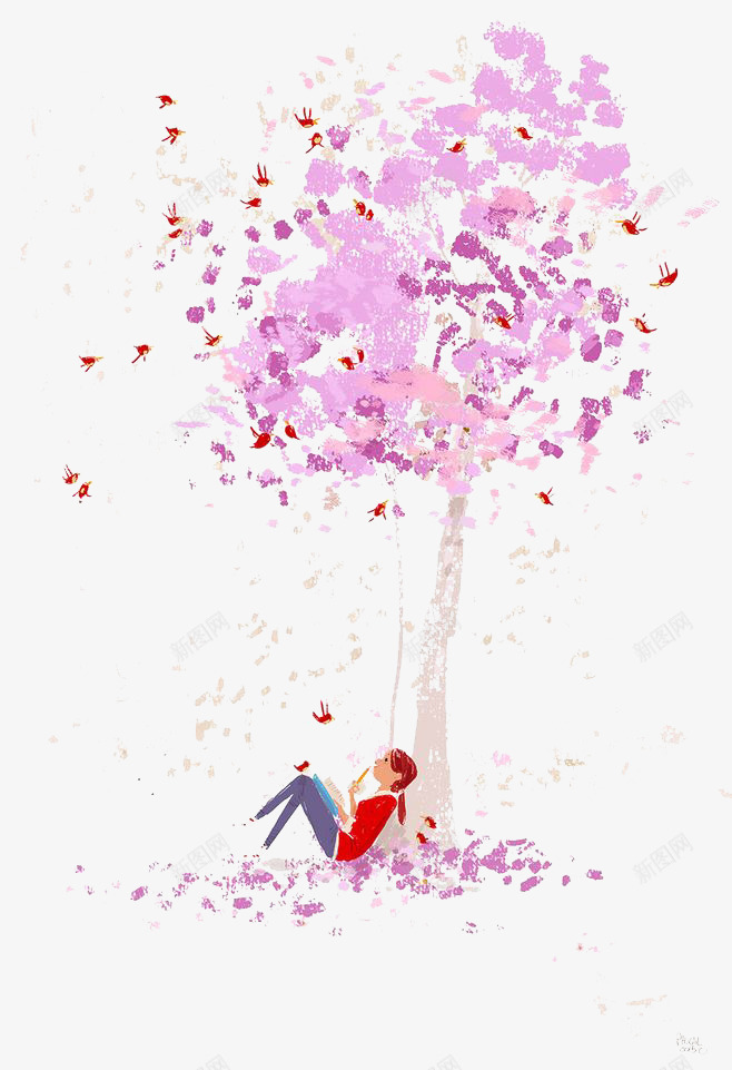 树底下的女孩png免抠素材_新图网 https://ixintu.com 大树 小女孩 小清新素材 紫色