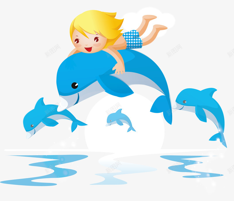 骑着海豚矢量图ai免抠素材_新图网 https://ixintu.com 人类的朋友 动物 可爱 海滩 矢量图