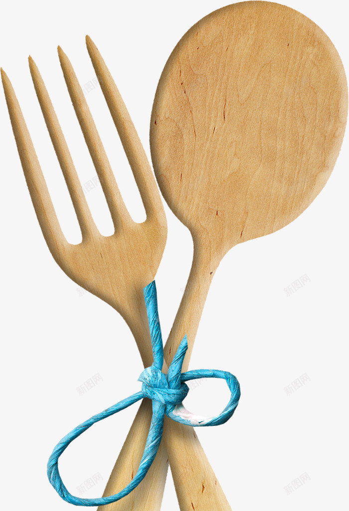 蓝色绳子木质勺子叉子png免抠素材_新图网 https://ixintu.com 木质勺子 木质叉子 蓝色绳子 餐具
