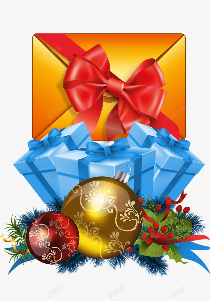 圣诞贺卡和礼物盒png免抠素材_新图网 https://ixintu.com 喜庆风格 圣诞节素材 红色蝴蝶结 蓝色礼物盒 金色贺卡
