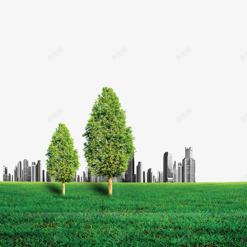 二棵大树png免抠素材_新图网 https://ixintu.com 城市 城市中央 大树 愿景 绿树 高楼