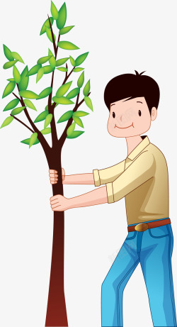 卡通青年握着小树素材