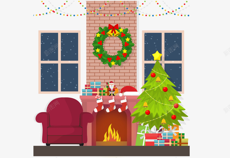 在家布置圣诞节png免抠素材_新图网 https://ixintu.com 免扣png素材 免费png素材 圣诞树 壁炉 彩灯挂饰 星空 火炉 装饰圣诞树