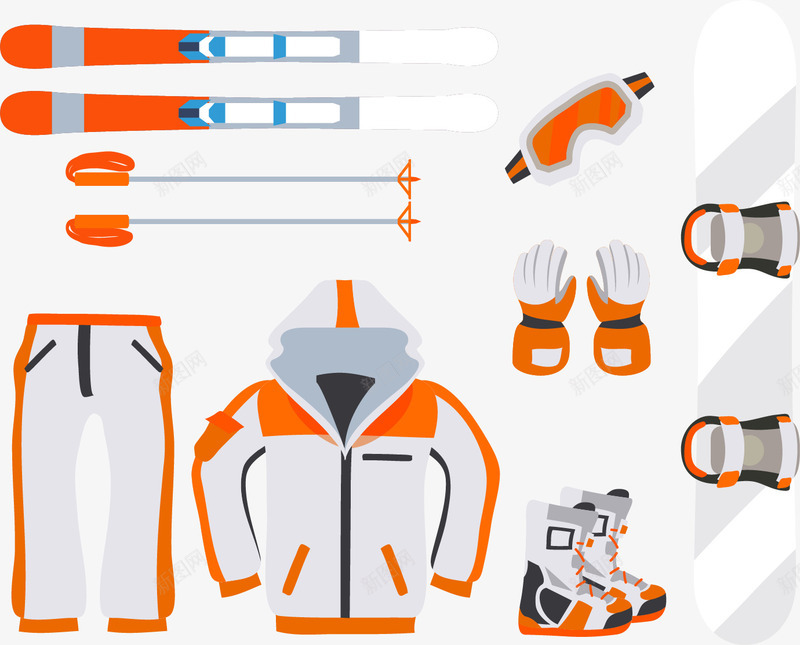 冬季滑雪装备矢量图eps免抠素材_新图网 https://ixintu.com 冬季运动 橘色 滑雪 滑雪服 滑雪板 滑雪装备 灰色 矢量素材 矢量图