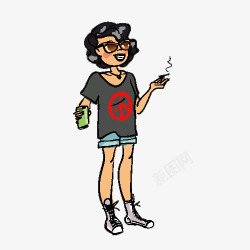 短裤上衣手绘女士抽烟喝酒高清图片