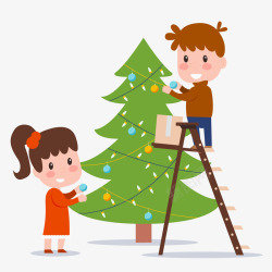 创意装扮圣诞树的2个儿童矢量图素材