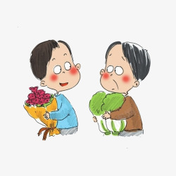 捧花熊宝插画卡通抱花和抱大白菜的男人高清图片
