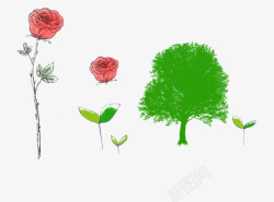 手绘彩色花朵树木素材