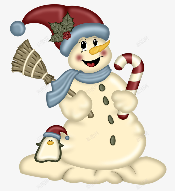 手绘节日雪人装扮png免抠素材_新图网 https://ixintu.com 圣诞节 扫把 红帽子 雪人