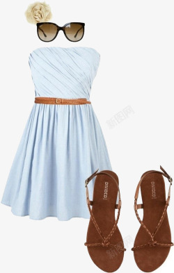 淡蓝色腰带连衣裙素材