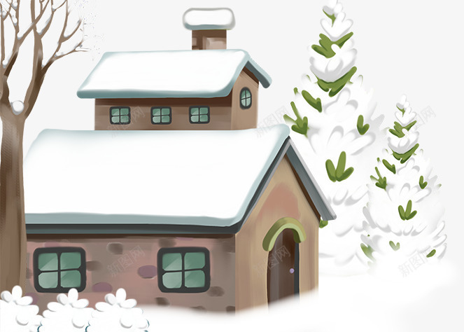 白雪覆盖的房屋和树木png免抠素材_新图网 https://ixintu.com 冬季 大雪覆盖 寒冷 房屋 松树 树木 绿叶