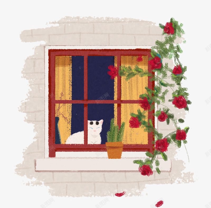 窗前的小猫png免抠素材_新图网 https://ixintu.com 元素 开窗 手绘 插画 装饰