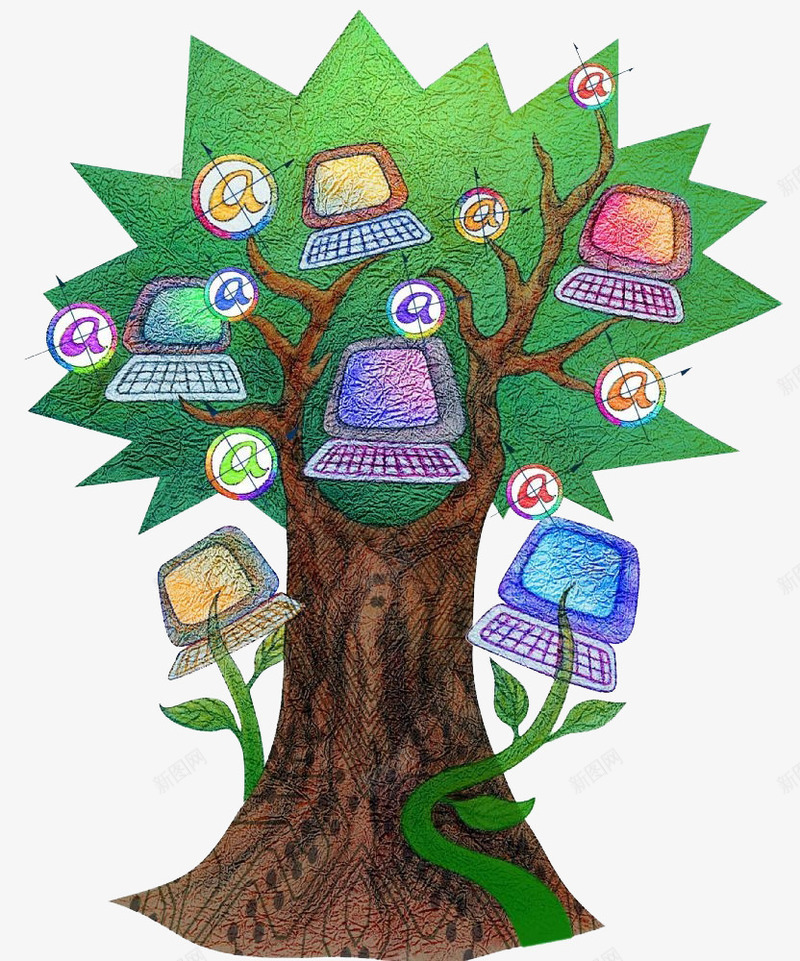 绿色大树png免抠素材_新图网 https://ixintu.com 手绘 枝干 树根 水彩 笔记本 藤曼