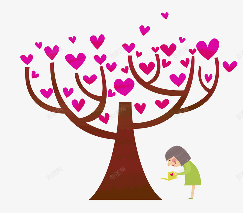 浇树的女孩场景图png免抠素材_新图网 https://ixintu.com 创意的 卡通 大树 女人 水壶 浇树 爱心 爱心树