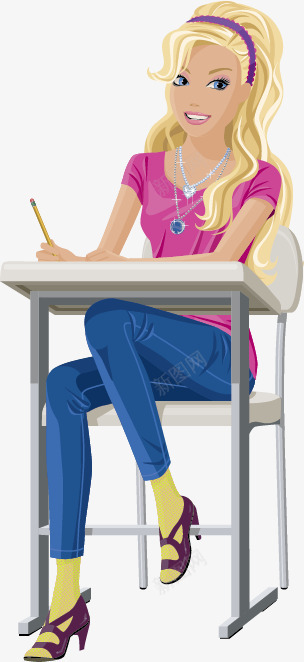 拿着笔的美女png免抠素材_新图网 https://ixintu.com 坐在书桌上的美女 手绘 桌子 椅子 黄色头发美女