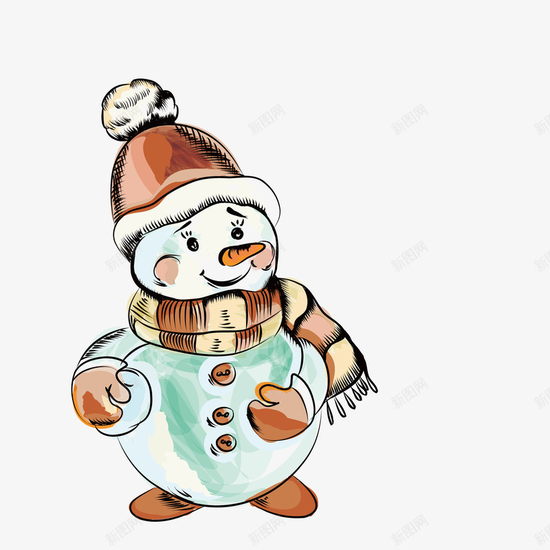 戴手套的雪人手绘图png免抠素材_新图网 https://ixintu.com 下雪 冬季 卡通 可爱的 围巾 堆雪人 帽子 雪人