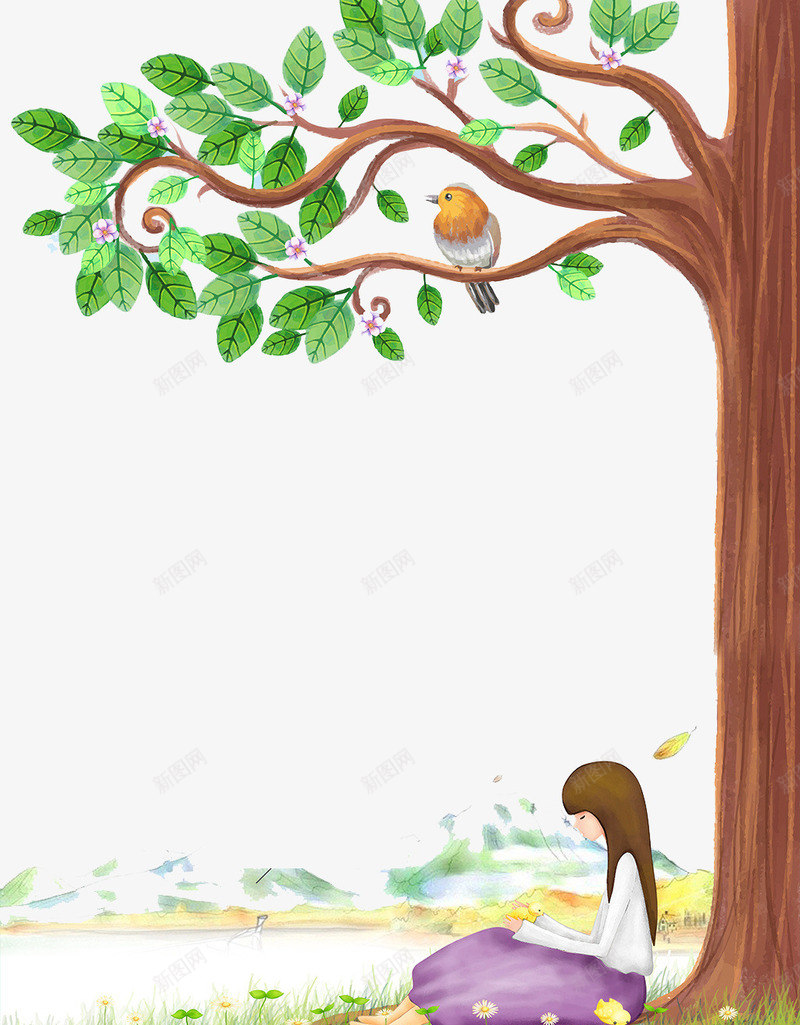 树下的女孩png免抠素材_新图网 https://ixintu.com 创意 大树 女孩 手绘