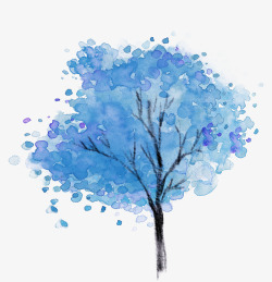 手绘蓝色树木冬季美景素材