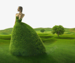 外国女子绿色植物为连衣裙的女子高清图片