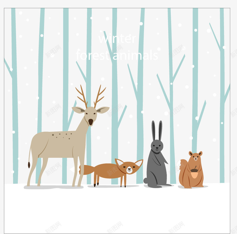 雪地上的小动物png免抠素材_新图网 https://ixintu.com 冬季动物 小兔子 梅花鹿 森林动物 狐狸