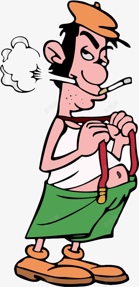卡通人物大肚腩男人抽烟png免抠素材_新图网 https://ixintu.com 人物 卡通 吸烟男人 大肚腩 抽烟 男人 背带