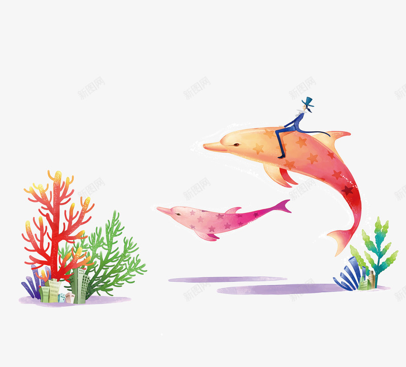 骑在海豚上的男人png免抠素材_新图网 https://ixintu.com 卡通 海底世界 海豚 珊瑚