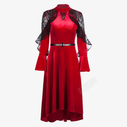 镂空刺绣蕾丝红色裙子红色蕾丝高腰中长裙礼服高清图片