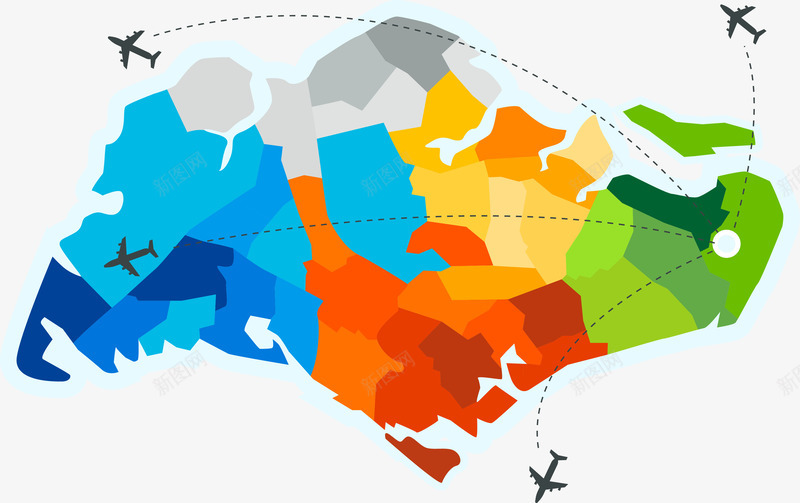 彩色飞行新加坡地图png免抠素材_新图网 https://ixintu.com 世界地图 地图 平面地图 科技 科技感地图 色块 行程 飞机