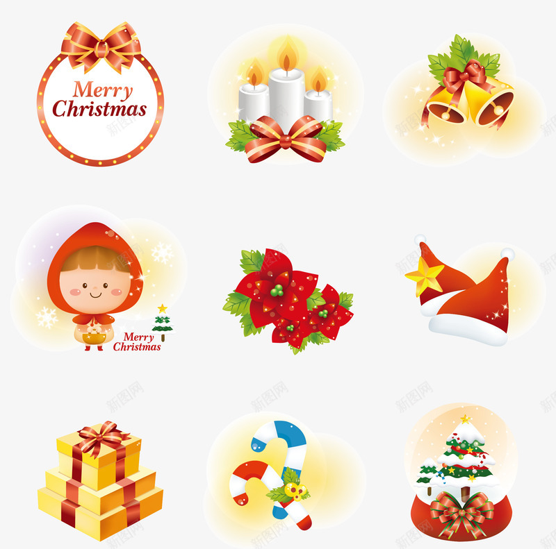 和圣诞节有关的一些东西png免抠素材_新图网 https://ixintu.com 圣诞帽 圣诞节 礼物 蜡烛 装饰 铃铛 雪人小红帽