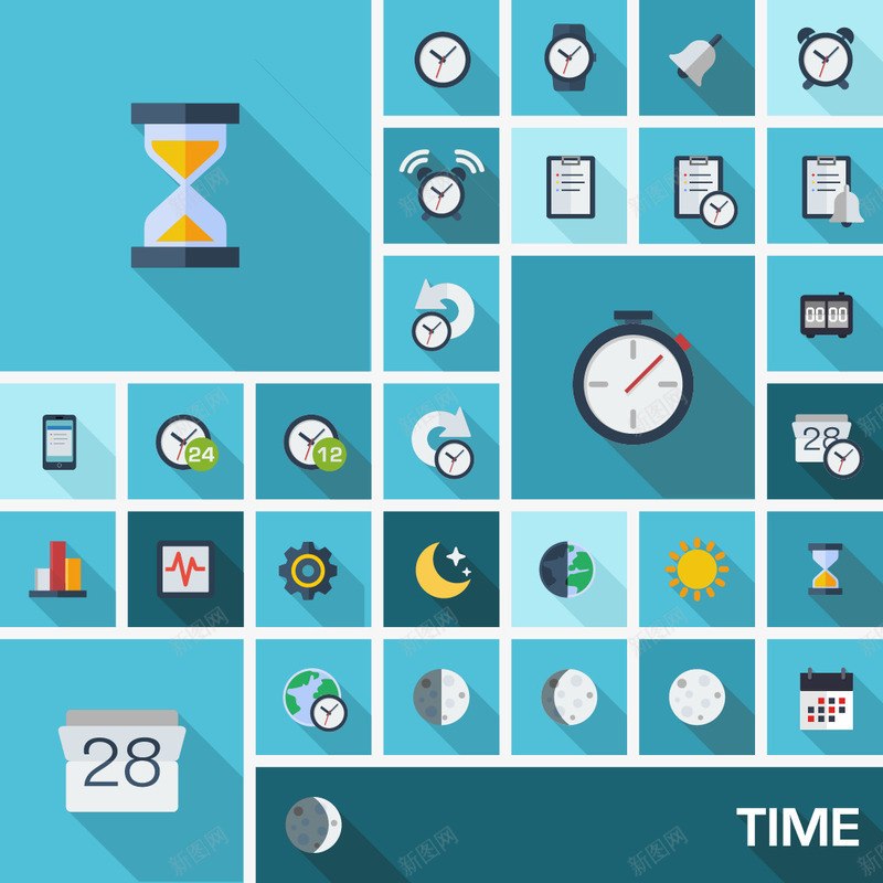 扁平化的时间图标矢量图ai_新图网 https://ixintu.com 太阳 扁平化 日历 时间 月亮 沙漏 闹钟 矢量图