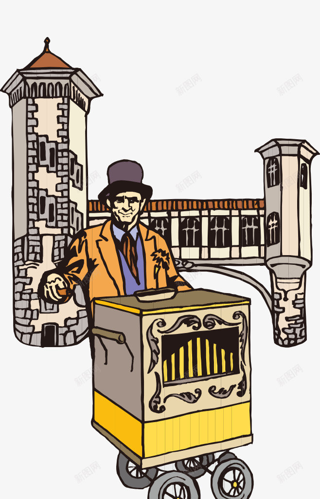 卡通手绘欧洲戴帽子建筑男人png免抠素材_新图网 https://ixintu.com 卡通的人物 戴帽子的男人 手绘的男人 欧洲的建筑