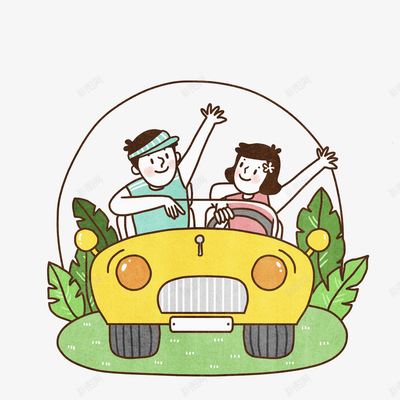 黄色的小汽车png免抠素材_新图网 https://ixintu.com 卡通 女人 小轿车 手绘 男人 绿色的 黄色的