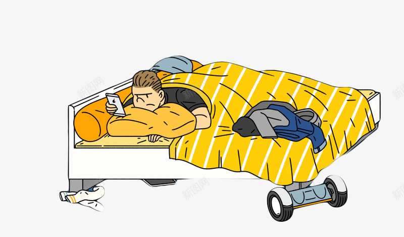 床上玩手机的男人png免抠素材_新图网 https://ixintu.com 卡通 床铺 手机 男人 装饰