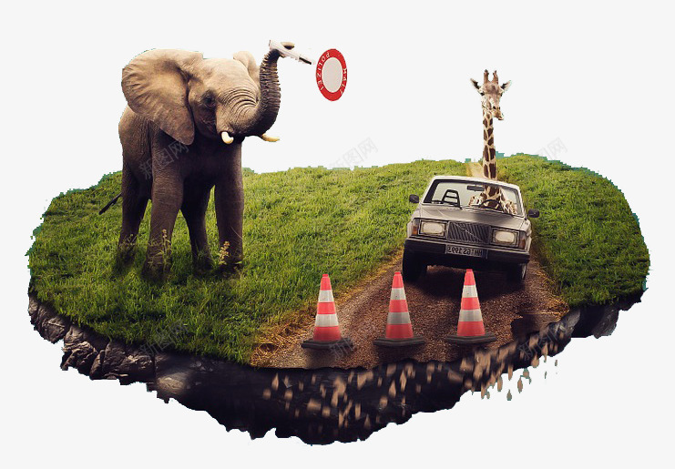 草地上的大象png免抠素材_新图网 https://ixintu.com 公路 创意 大象 泥土路 漂浮的土地 漂浮的山峰 轿车 马路