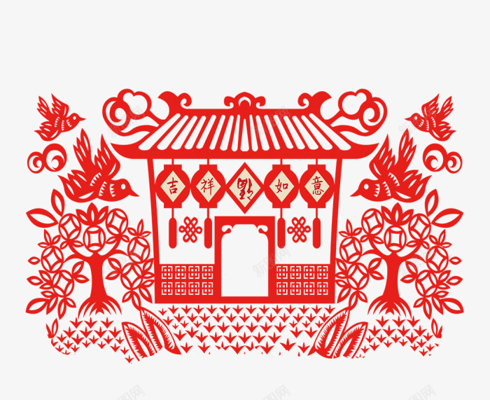 红色中国风剪纸小屋png免抠素材_新图网 https://ixintu.com 剪纸小屋 喜鹊 新年 新春 春节 红色小屋 装饰图案