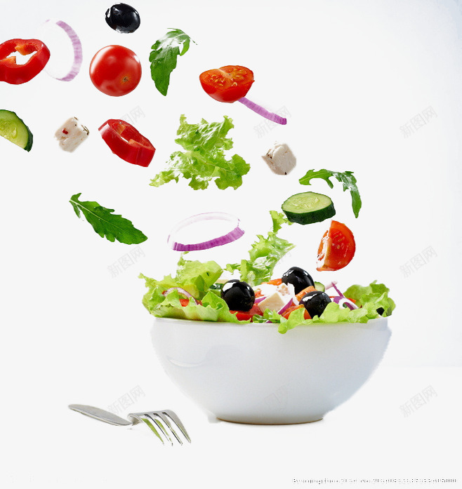 蔬菜沙拉png免抠素材_新图网 https://ixintu.com 减肥餐 叉子 漂浮 碗 蔬菜