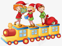 列车轨道火车上戴着圣诞帽的小孩高清图片