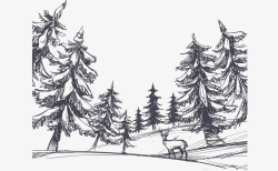 冬日驯鹿素描手绘冬日森林高清图片
