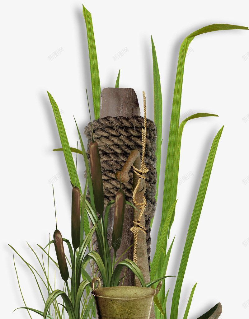 木桩小草png免抠素材_新图网 https://ixintu.com 小草 木桩 绿草 麻绳