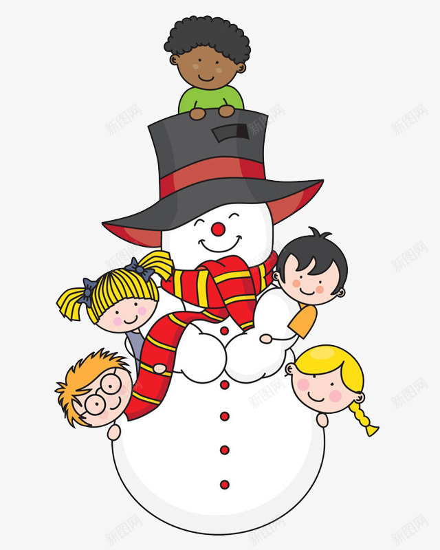 卡通雪人身上的孩子png免抠素材_新图网 https://ixintu.com 免抠孩子堆雪人 卡通雪人 帽子 微笑的雪人 红色的围巾 身上的孩子