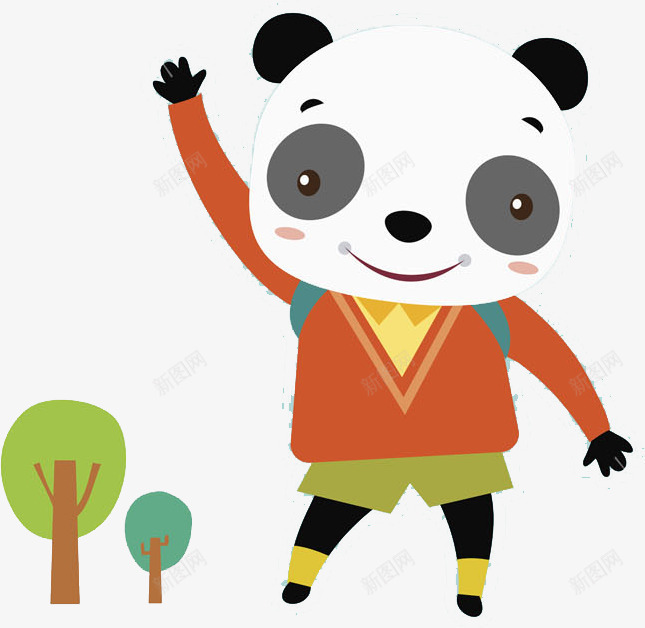 可爱的熊猫png免抠素材_新图网 https://ixintu.com 动物 卡通 大树 彩色 微笑 手绘 打招呼 熊猫