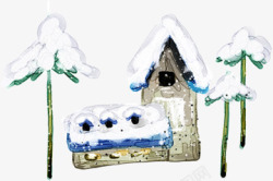 手绘冬季房屋景观素材